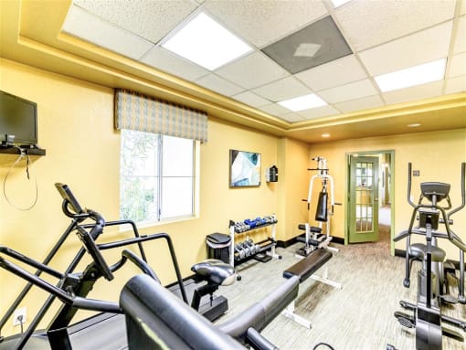 Fitness Center with cardio and weight training at Country Club at Valley View Senior Apartments in Las Vegas, NV, For Rent. Now leasing 1 and 2 bedroom apartments.