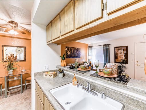 Dine in pass through kitchen at Country Club at Valley View Senior Apartments in Las Vegas, NV, For Rent. Now leasing 1 and 2 bedroom apartments.