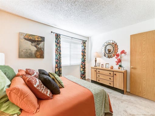 Bright bedroom at Country Club at Valley View Senior Apartments in Las Vegas, NV, For Rent. Now leasing 1 and 2 bedroom apartments.