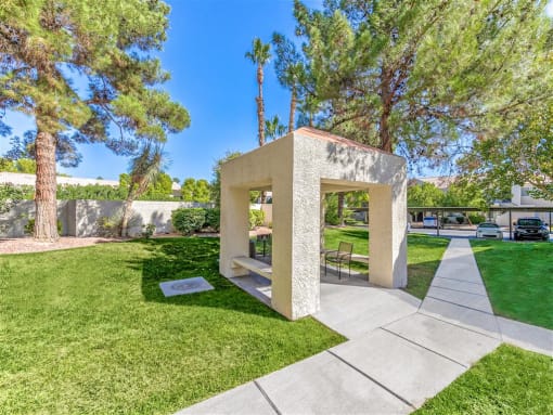 Gazebos and community picnic area of Country Club at Valley View Senior Apartments in Las Vegas, NV, For Rent. Now leasing 1 and 2 bedroom apartments.