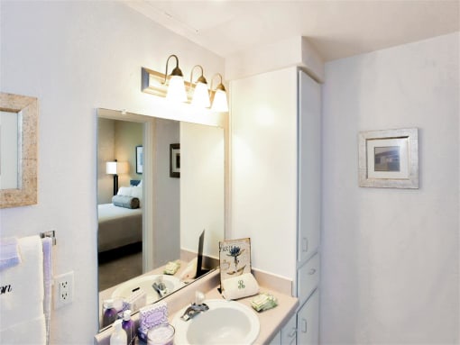 Bathroom vanity at The Remington at Memorial in Tulsa, OK, For Rent. Now leasing 1 and 2 bedroom apartments.