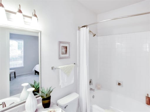 En suite bathroom at The Remington at Memorial in Tulsa, OK, For Rent. Now leasing 1 and 2 bedroom apartments.