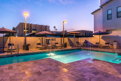 Pool View In Dusk at Dolce Villagio Townhomes, Tempe, AZ