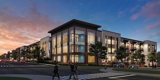 a rendering of a building with people crossing a street in front of it at Link Apartments® Broad Ave, Tennessee