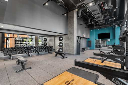 A gym with a variety of equipment including dumbbells, weight plates, and a squat rack at Link Apartments® QPN, Long Island City, New York