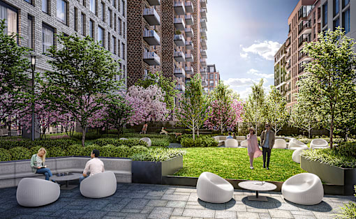 a rendering of a courtyard with furniture and a grassy area with trees and buildings in the