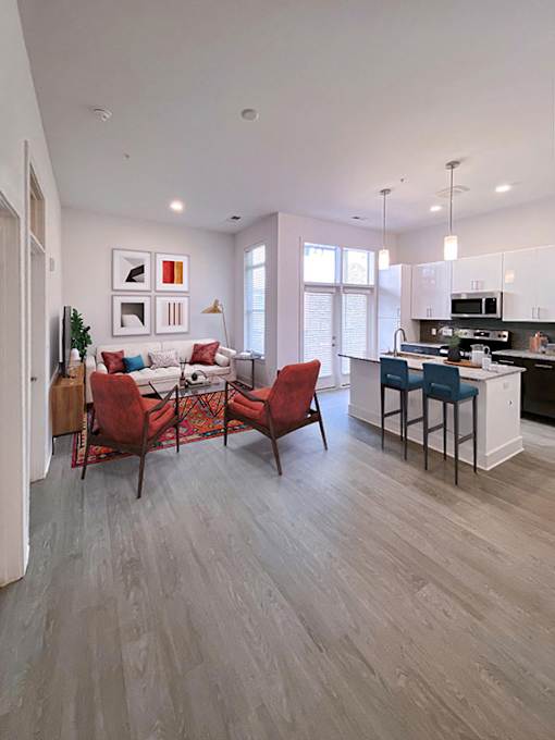 Modern Living Room With Kitchen View at Link Apartments® Linden, North Carolina, 27517