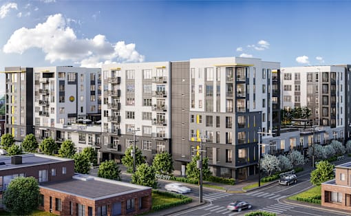 a rendering of an apartment complex on a city street at Link Apartments® Mint Street, North Carolina