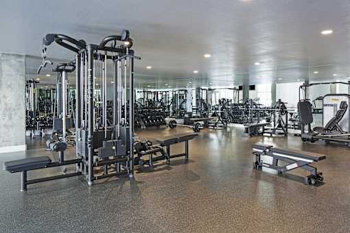 A gym with a variety of equipment including a leg press machine.
