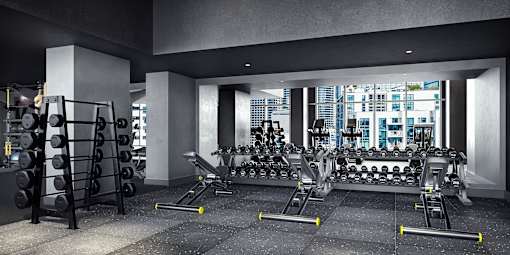 A gym with a row of exercise machines and a rack of dumbbells.