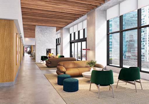A modern living room with a wooden ceiling and a large window.