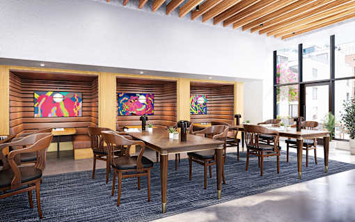 A room with wooden furniture and a painting on the wall.
