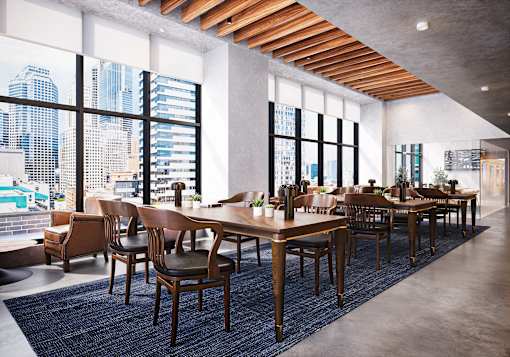A modern dining room with wooden tables and chairs.