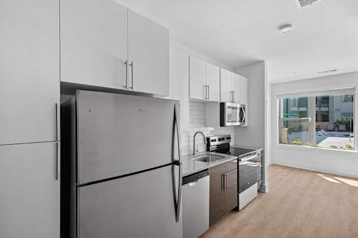 Modern kitchen with stainless steel appliances1 at Link ® Lake Park Apartments, Georgia, 30080