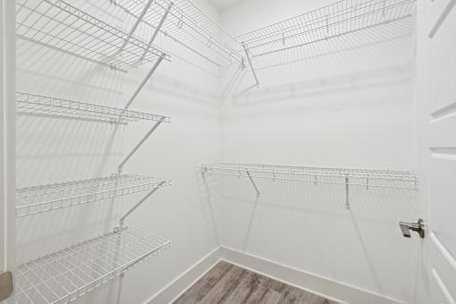 A white walk-in pantry with shelving and a door at Link Apartments® CYKEL Apartments, Charlotte, NC