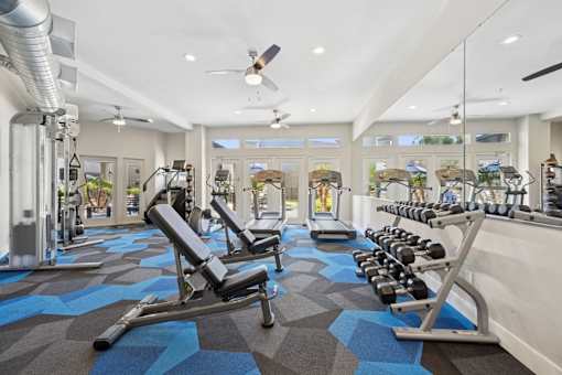A gym with a variety of equipment including weights and benches.