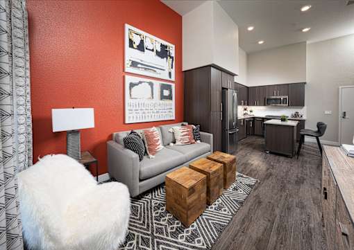 a living room and kitchen in a model home
