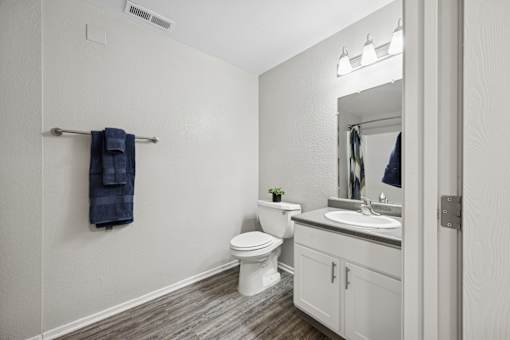 A bathroom with a toilet, sink, and a mirror.