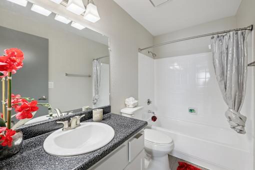 A bathroom with a sink, toilet, and shower.