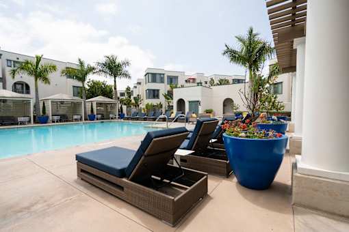 A poolside area with lounge chairs and a large planter.