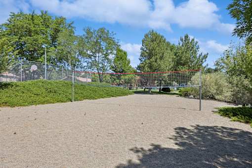 A basketball court surrounded by a fence and trees.