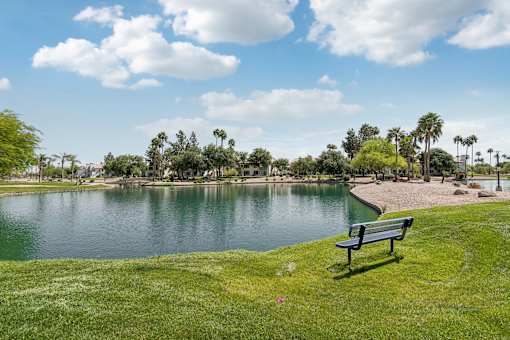 A bench sits on a grassy area next to a lake.