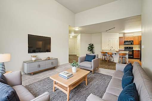 A living room with a grey couch, a wooden coffee table, and a television on the wall.