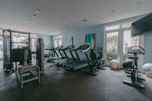A gym with treadmills, weights, and exercise equipment.
