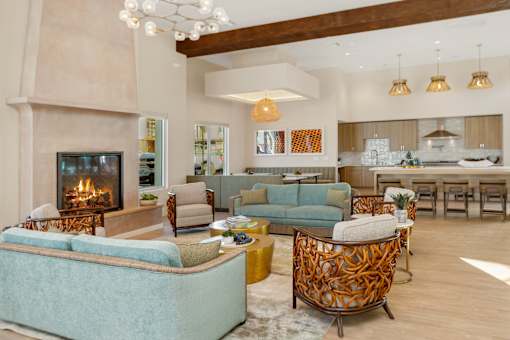 club house with couches and chairs and a fireplace