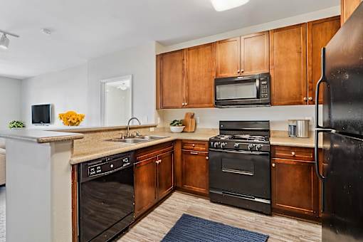 A kitchen with black appliances and wooden cabinets.