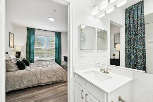 Primary bedroom at Stone Cliff Apartments