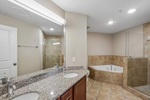 A bathroom with a double sink vanity and a bathtub.