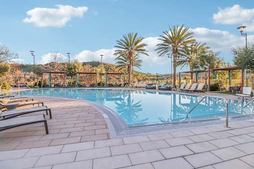 A pool surrounded by palm trees and benches.