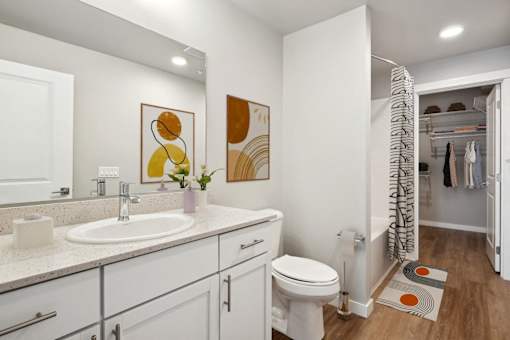 a bathroom with a sink and a toilet and a shower