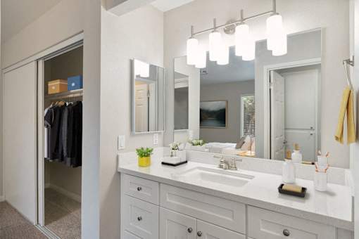 a bathroom with a sink and a mirror and a closet