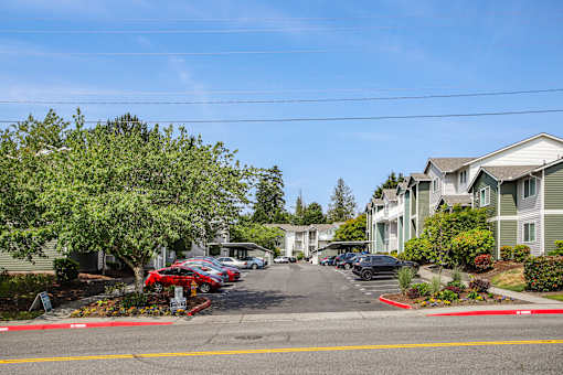 A street view of a residential area with houses and parked cars.