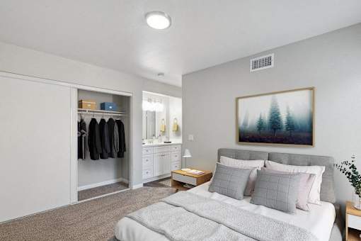 a bedroom with a bed and a closet
