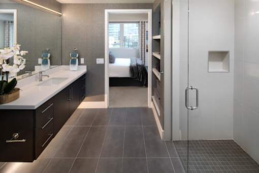 A bathroom with a walk in shower and a vanity.