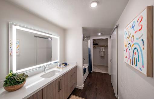 a bathroom with a large mirror and a sink