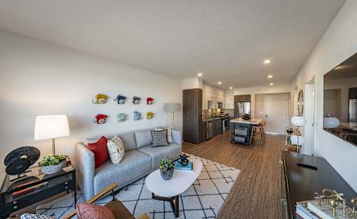 a living room with a couch and a table