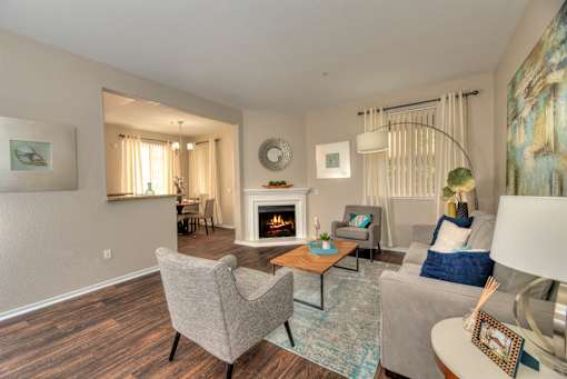 Living Room with Fireplace at Atwood Apartments, California