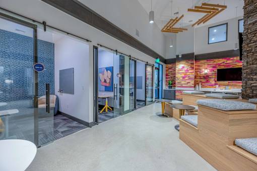 Modern coworking space with private offices and meeting rooms