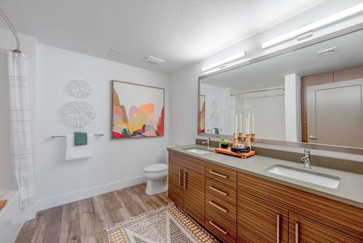 A bathroom with a wooden vanity and a white toilet.