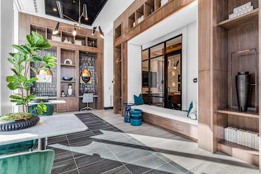 A modern interior with a green plant in a pot.