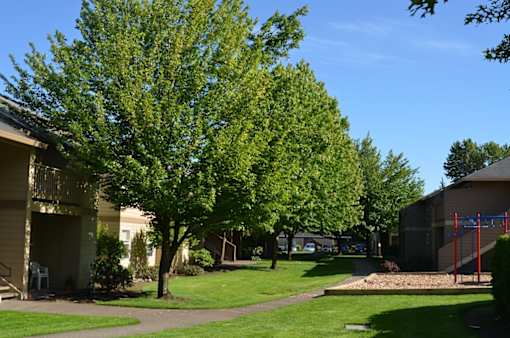 A tree in a grassy area in front of a building.