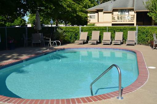 A pool with a red border and a metal ladder.