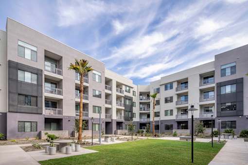 a group of apartment buildings with grass and palm trees