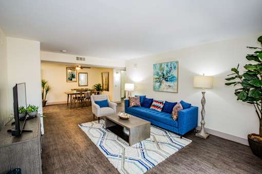 A living room with a blue couch and a television.