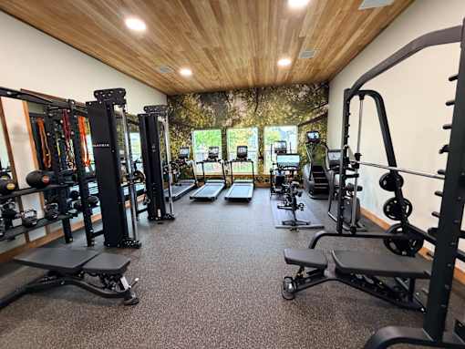 A gym with a variety of equipment including treadmills, weights, and benches.