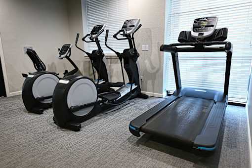 A row of elliptical machines are lined up in a row in a room.